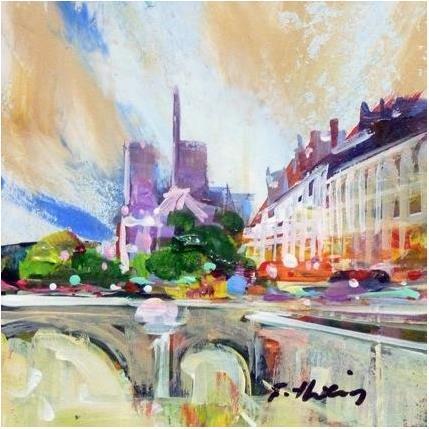 Painting Notre-Dame et les bouquinistes by Frédéric Thiery | Painting Figurative Acrylic Landscapes, Life style, Urban