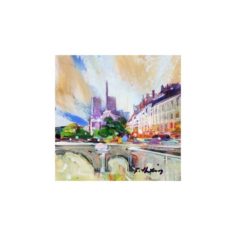 Painting Notre-Dame et les bouquinistes by Frédéric Thiery | Painting Figurative Acrylic Landscapes, Life style, Urban