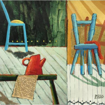 Peinture Un thé rouge pour deux chaises bleues par Bertre Flandrin Marie-Liesse | Tableau Figuratif Acrylique scènes de vie
