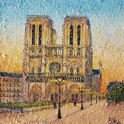 Peinture La nuit tombe sur Notre-Dame par Elika | Tableau Figuratif Mixte Paysages, scènes de vie, Urbain