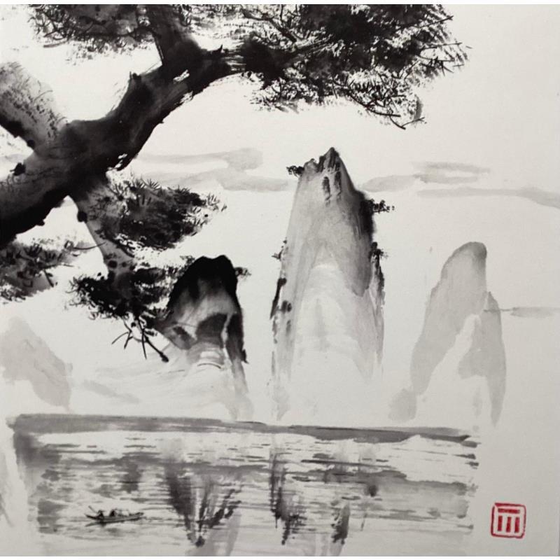 Peinture Lonesome fisherman par De Giorgi Mauro | Tableau Art Singulier Paysages Noir & blanc