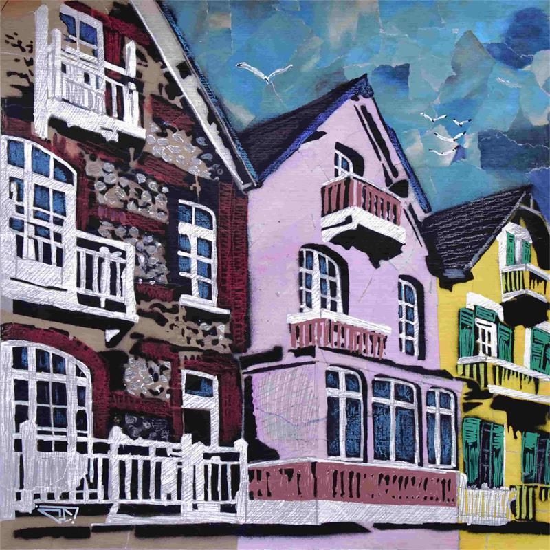 Peinture Maisons du Touquet par G. Carta | Tableau Pop Art Mixte Paysages Vues urbaines
