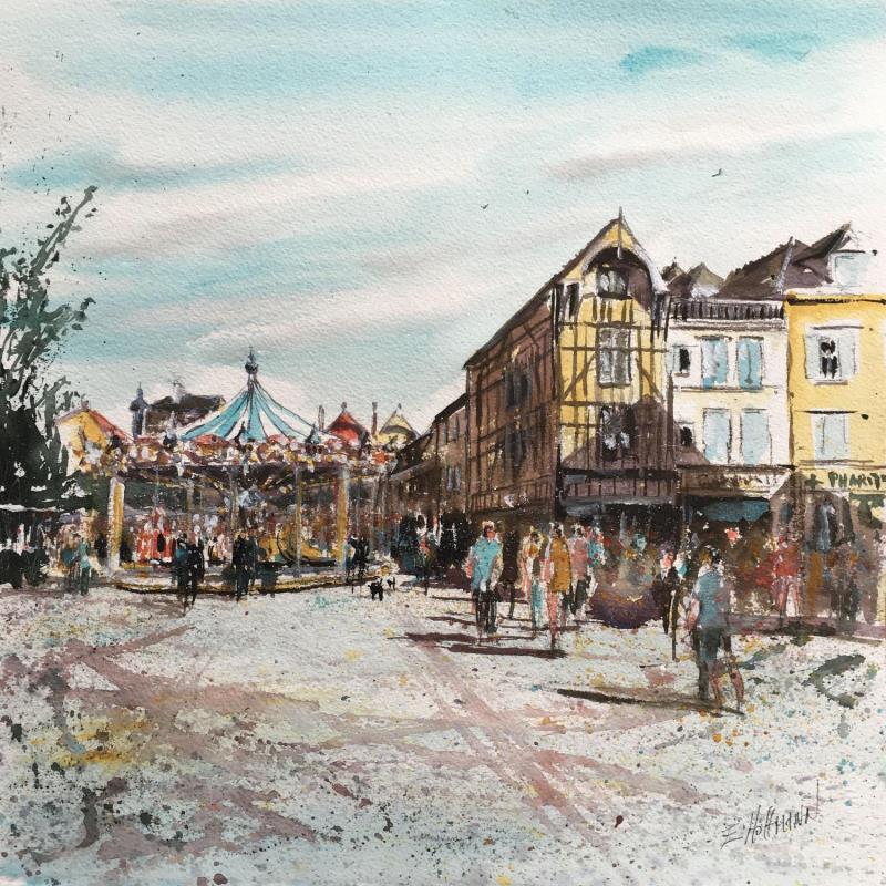 Painting Troyes 128 Le carrousel by Hoffmann Elisabeth | Painting Figurative Urban Watercolor