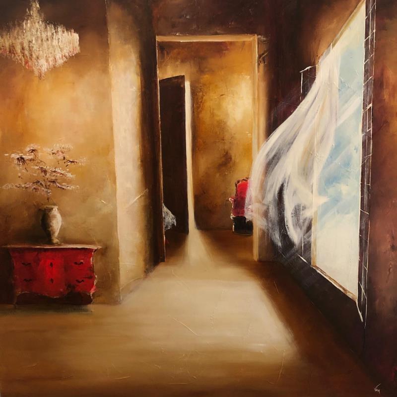 Painting Lotus rouge by Mezan de Malartic Virginie | Painting  Oil