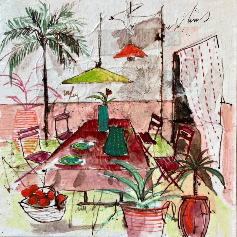 Gemälde Déjeuner au jardin von Colombo Cécile | Gemälde Figurativ Acryl, Collage, Tinte Landschaften, Pop-Ikonen
