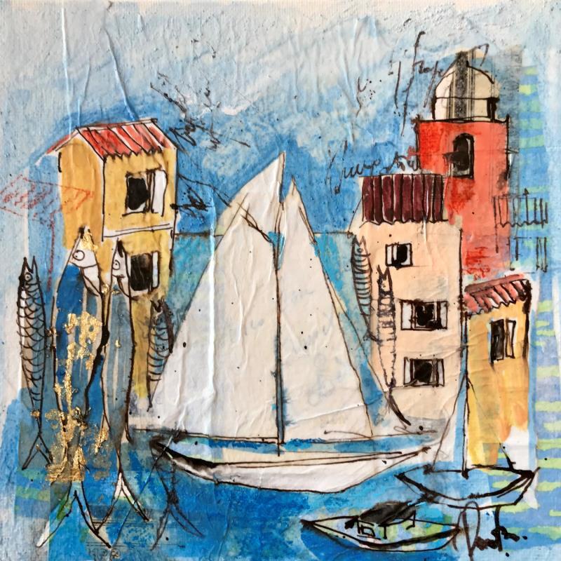 Painting Les voiles by Colombo Cécile | Painting Figurative Acrylic, Gluing, Gold leaf, Ink, Pastel Landscapes, Marine, Pop icons