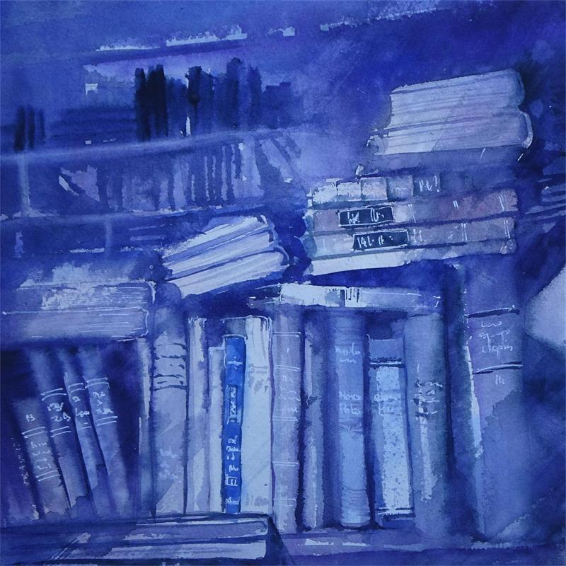 Peinture Le petit livre bleu par Abbatucci Violaine | Tableau Figuratif Aquarelle scènes de vie