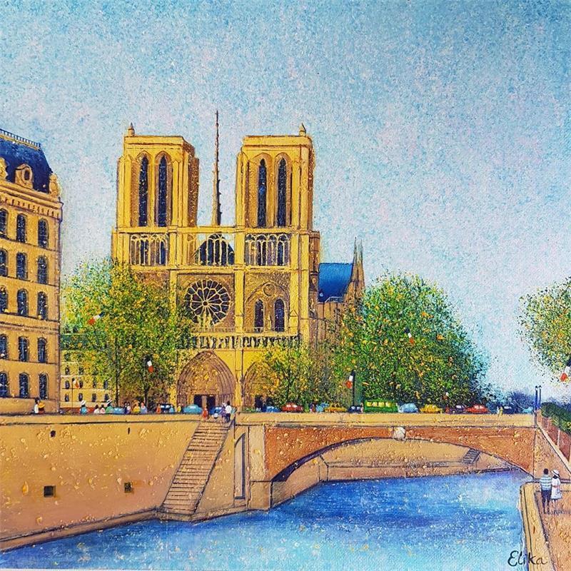 Peinture Belle journée à Notre-Dame, Paris par Dessapt Elika | Tableau Figuratif Paysages Urbain Scènes de vie