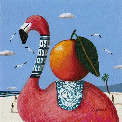 Painting Flamant rose et orange by Lionnet Pascal | Painting Surrealist Acrylic Animals