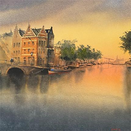 Painting Prinsengracht, Evening Fall by Min Jan | Painting Figurative Watercolor Urban