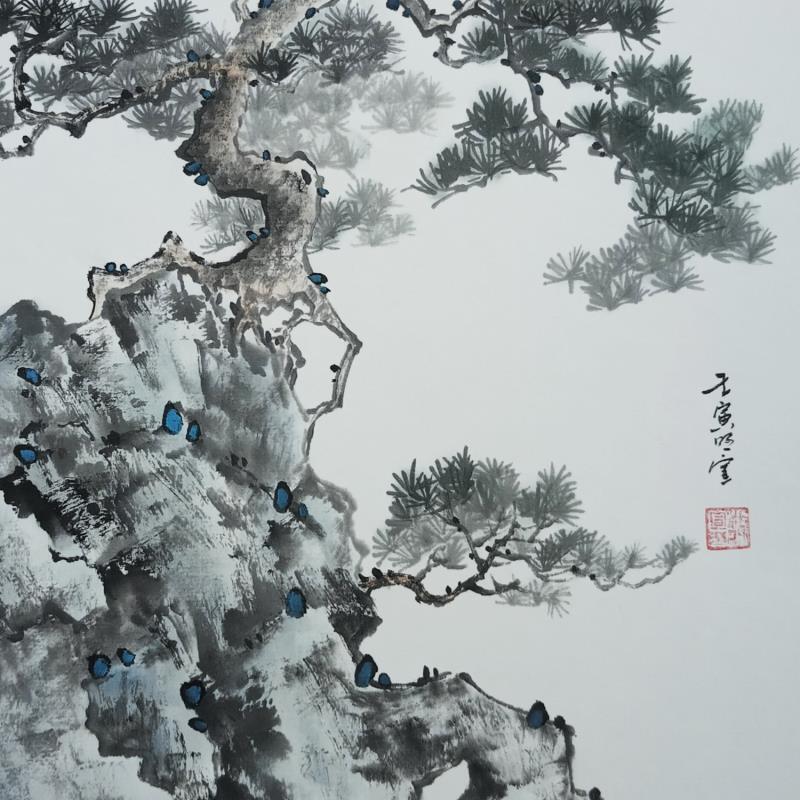 Painting Pinetree and cliff by Du Mingxuan | Painting Figurative Landscapes Watercolor