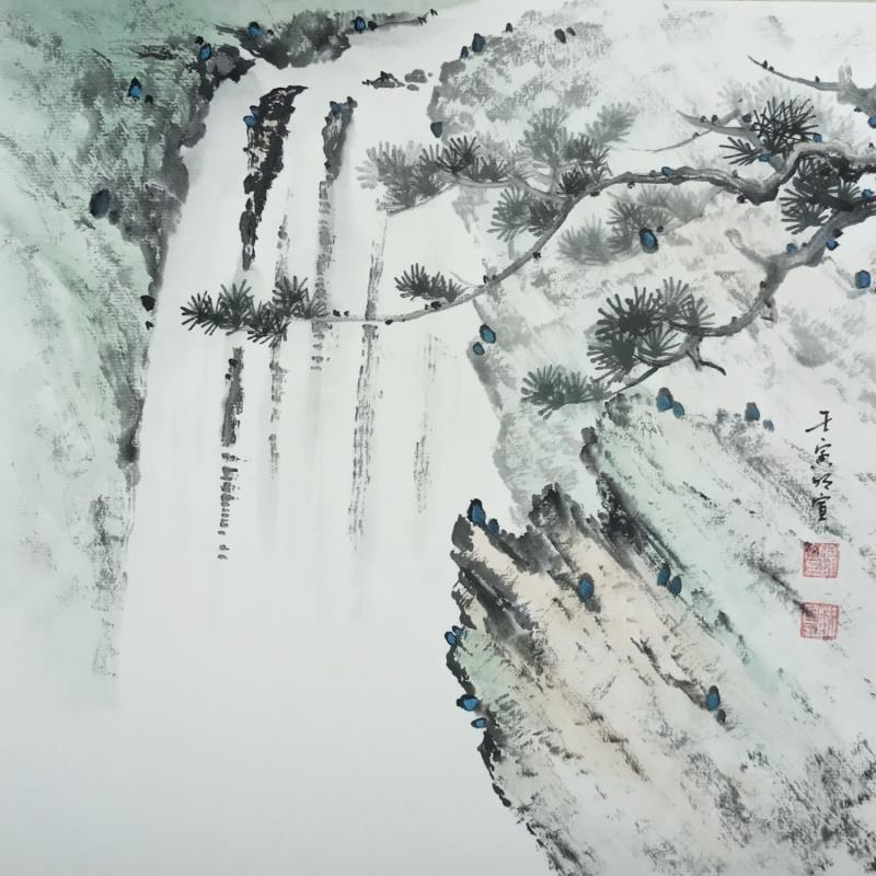 Painting Waterfall and pinetree by Du Mingxuan | Painting Figurative Landscapes Watercolor