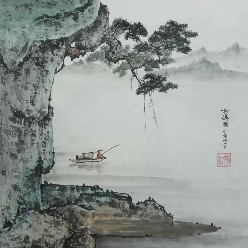 Painting Fisherman by Du Mingxuan | Painting Figurative Landscapes Watercolor