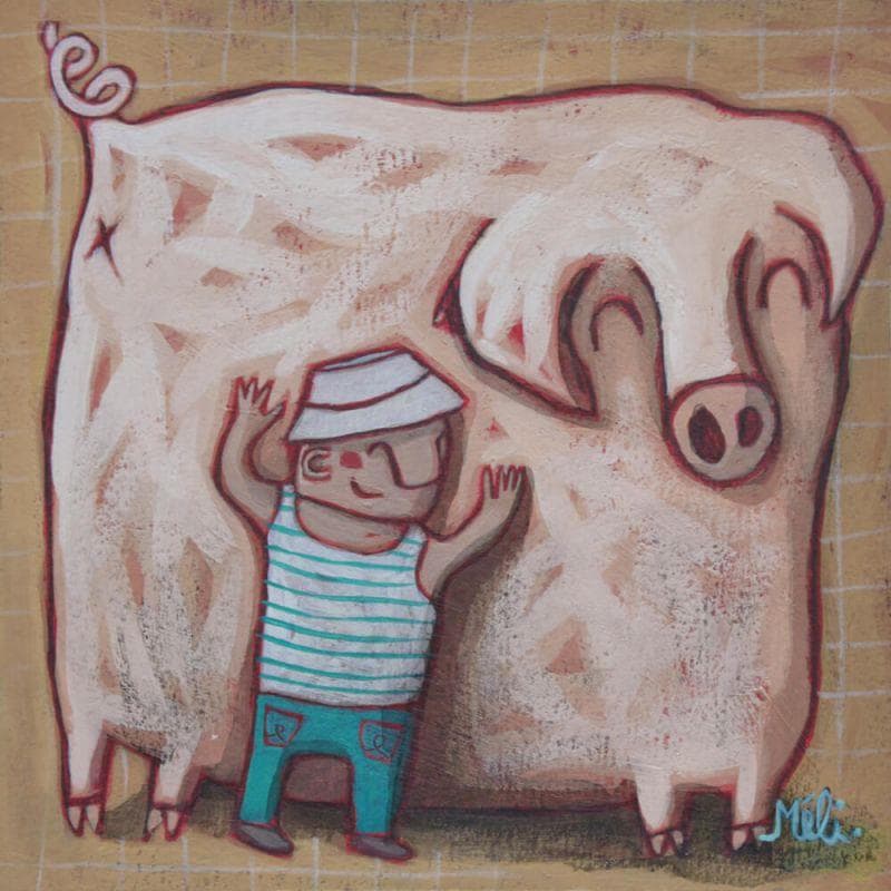 Painting Copain comme cochon by Catoni Melina | Painting Naive art Animals