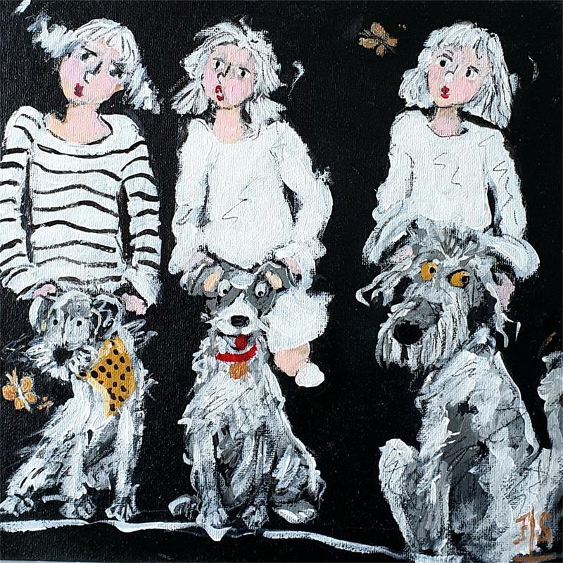 Painting Trois filles ,trois chiens ,deux papillons by Soizeau Françoise | Painting Figurative Acrylic, Cardboard Life style
