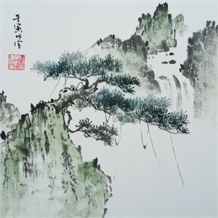 Painting Pine tree on mountain peak by Du Mingxuan | Painting Figurative Watercolor Landscapes