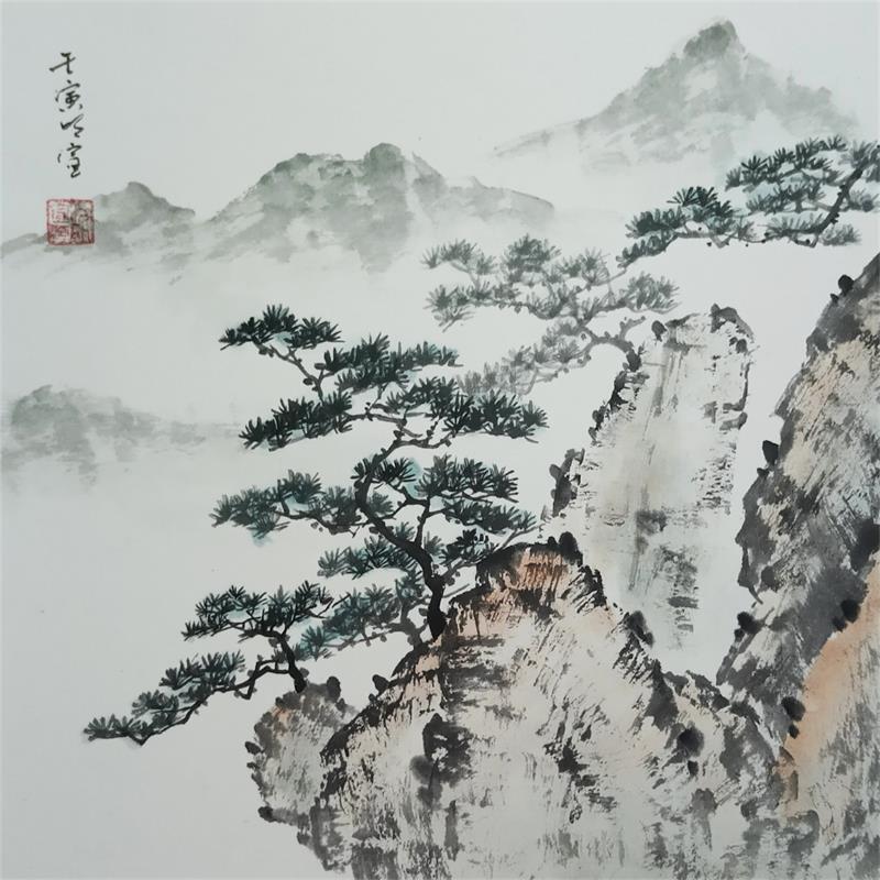 Painting Pine tree and mountains by Du Mingxuan | Painting Figurative Landscapes Watercolor