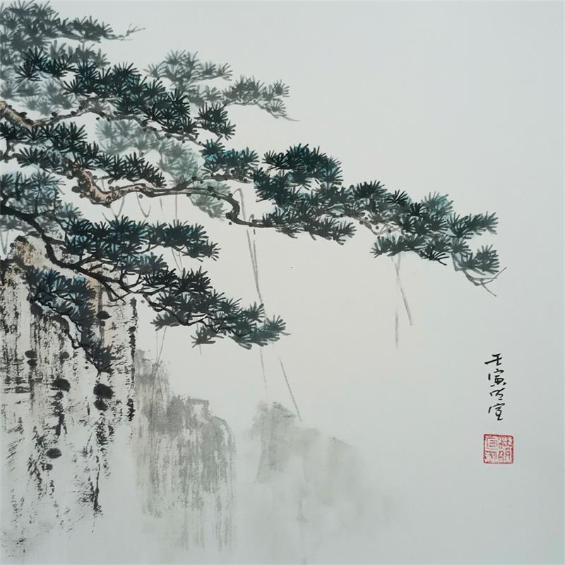Painting Branches of a pine tree by Du Mingxuan | Painting Figurative Landscapes Watercolor