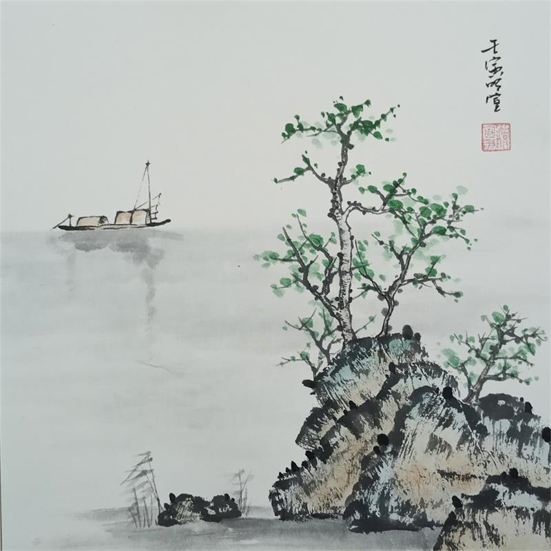 Painting Lakeside and boat by Du Mingxuan | Painting Figurative Landscapes Watercolor