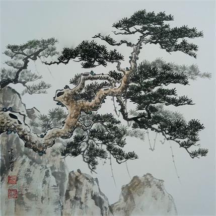 Painting Pine trees by Du Mingxuan | Painting Figurative Watercolor Landscapes