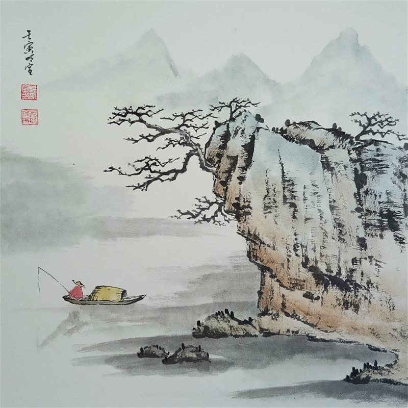 Painting Fisherman under cliff by Du Mingxuan | Painting Figurative Landscapes Life style Watercolor
