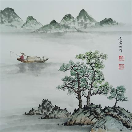 Peinture Fishing on  spring lake par Du Mingxuan | Tableau Figuratif Aquarelle Paysages, scènes de vie