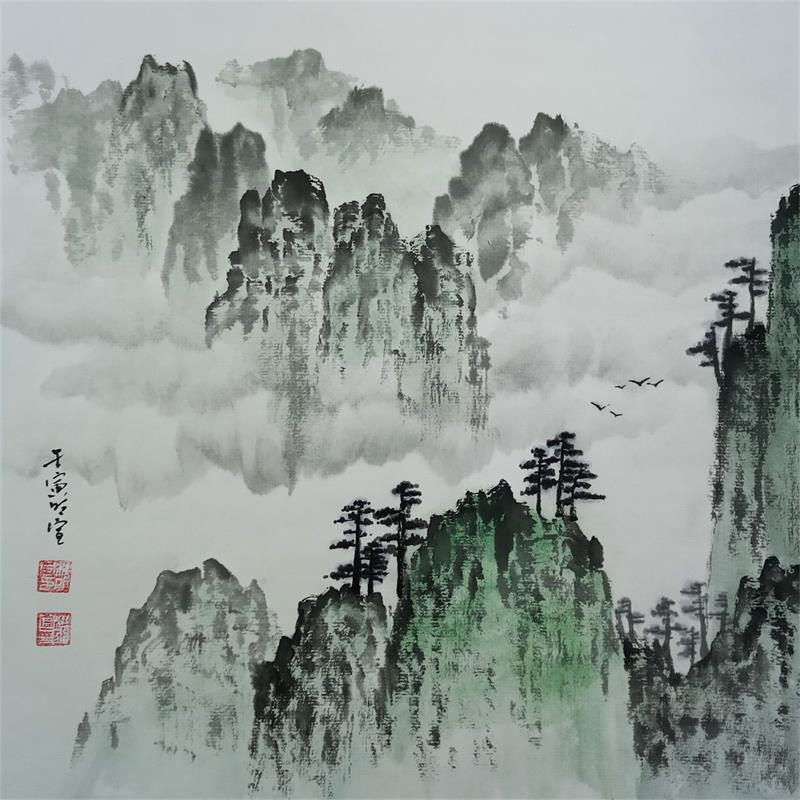 Painting Mountains by Du Mingxuan | Painting Figurative Landscapes Watercolor