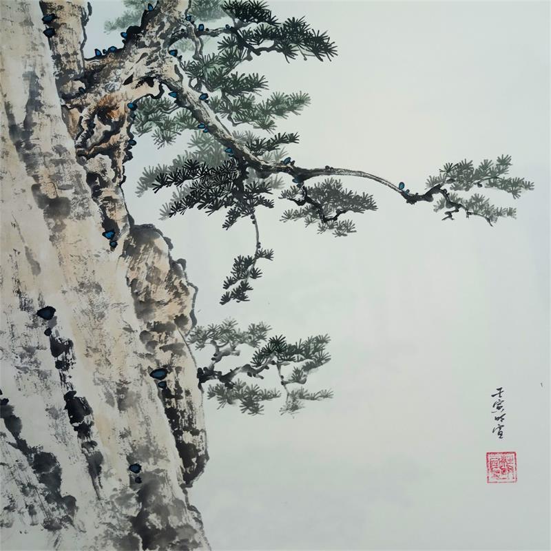 Painting Cliff and pine tree by Du Mingxuan | Painting Figurative Watercolor Landscapes