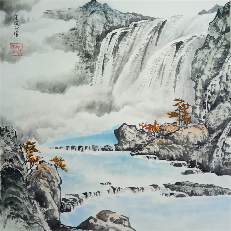 Painting Waterfall and fog by Du Mingxuan | Painting Figurative Landscapes Watercolor