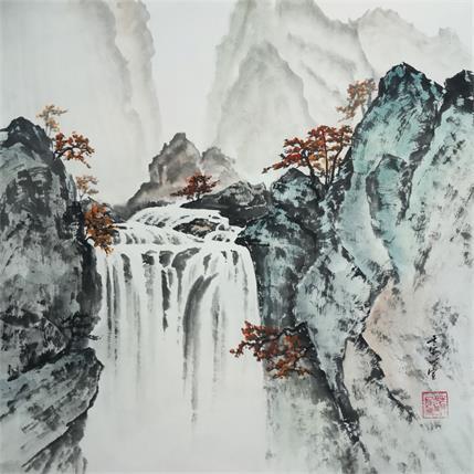 Painting Autumn Waterfall by Du Mingxuan | Painting Figurative Watercolor Landscapes