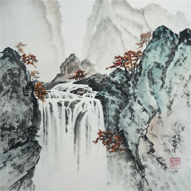 Painting Autumn Waterfall by Du Mingxuan | Painting Figurative Landscapes Watercolor