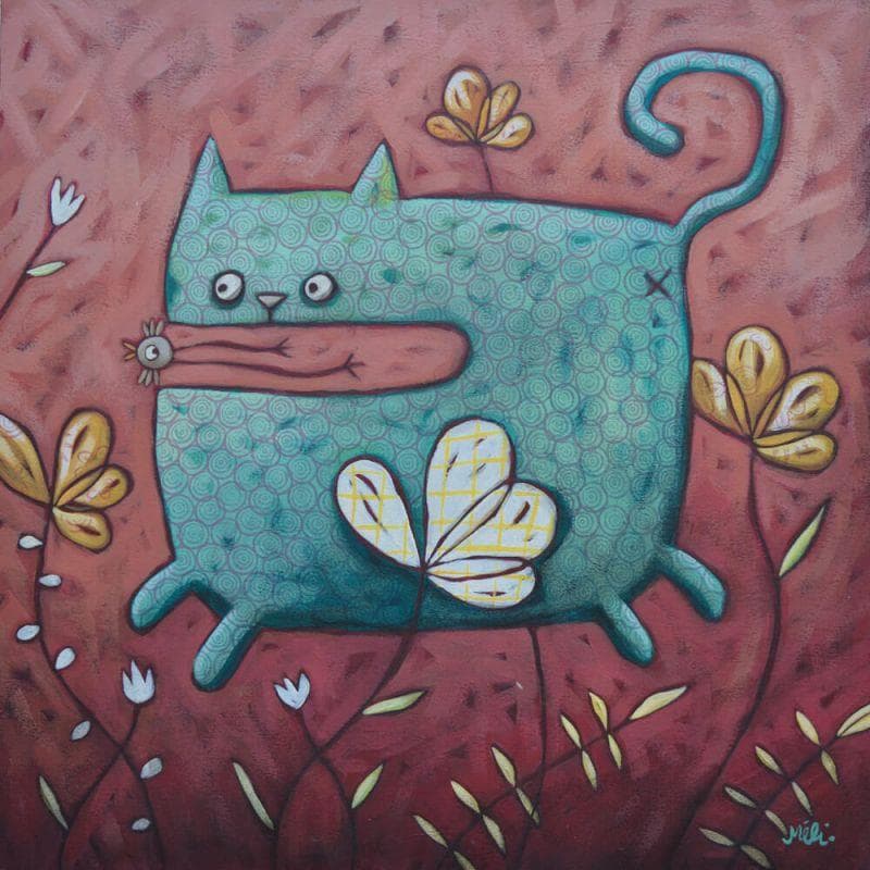 Peinture Blue cat par Catoni Melina | Tableau Art naïf Animaux