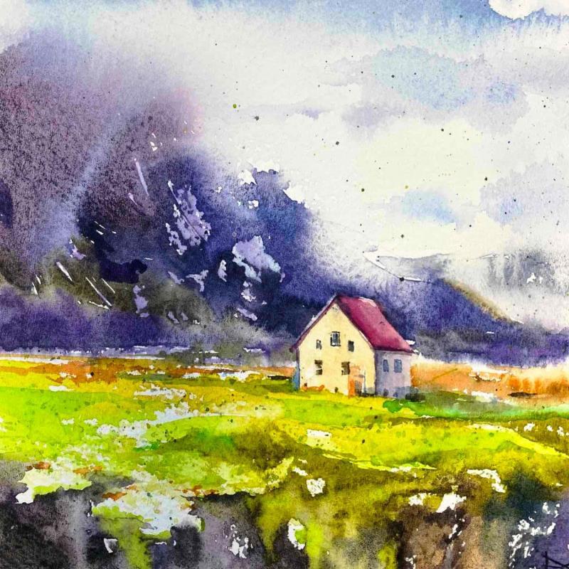 Painting Evening of Iceland by Volynskih Mariya  | Painting Figurative Watercolor Landscapes, Nature