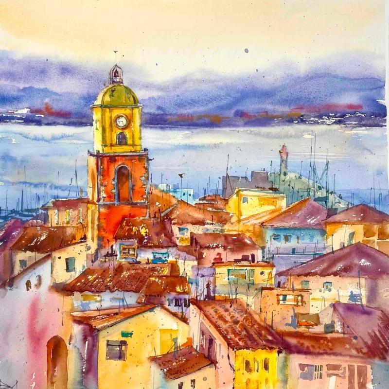 Gemälde tower Saint-Tropez von Volynskih Mariya  | Gemälde Figurativ Aquarell Architektur, Marine, Urban