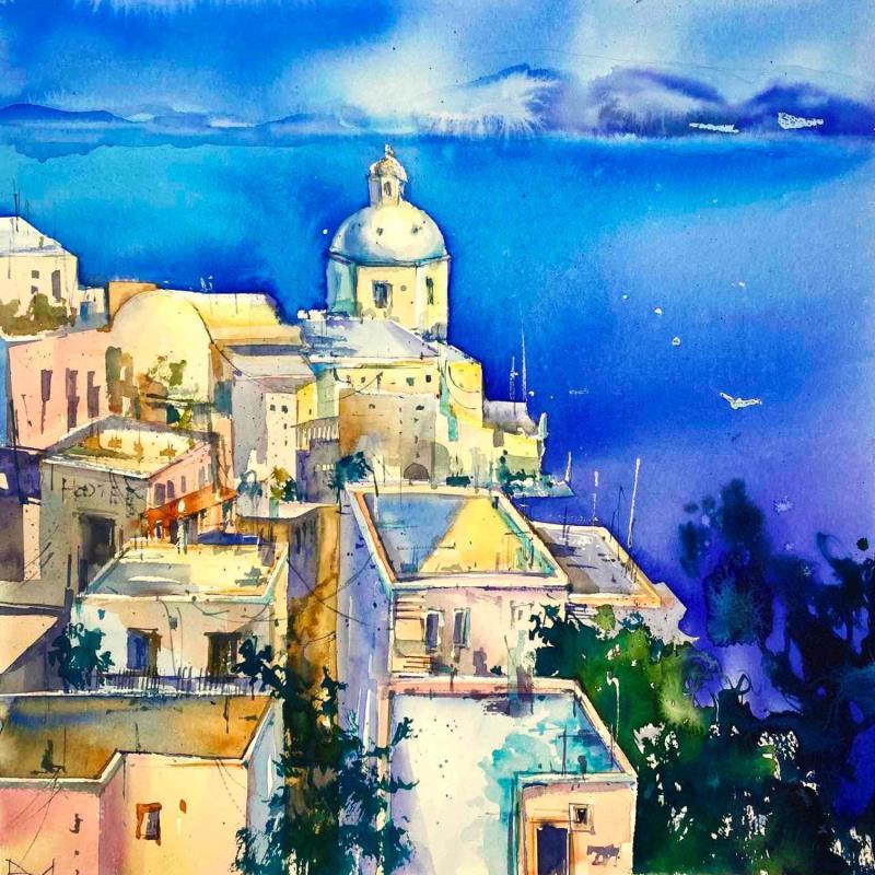 Gemälde Santorini island von Volynskih Mariya  | Gemälde Figurativ Aquarell Landschaften, Marine, Urban
