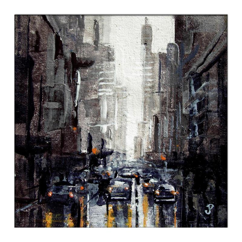 Painting NYC street rain by Poumès Jérôme | Painting Figurative Urban Acrylic