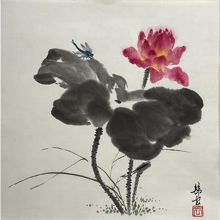 Peinture Lotus et libellule par Tayun | Tableau Figuratif Mixte natures mortes