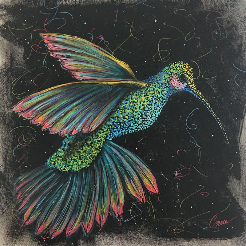 Painting Grand colibri de nuit by Croce | Painting Naive art Acrylic Animals