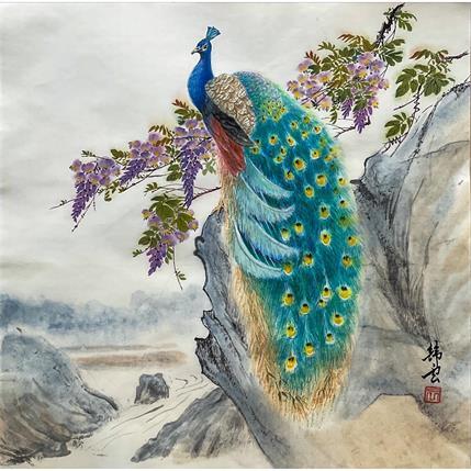 Peinture Paon bleu par Tayun | Tableau Figuratif Mixte animaux, Paysages