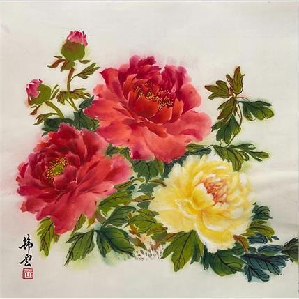 Gemälde Pivoines rouges et jaunes von Tayun | Gemälde Figurativ Tinte Stillleben
