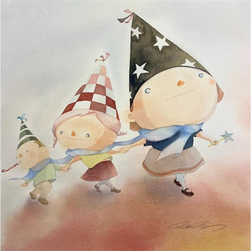 Painting 3 kids by Masukawa Masako | Painting Naive art Life style Watercolor