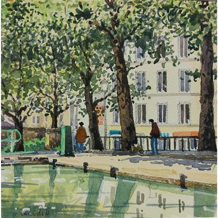 Peinture PAris, le canal Saint-Martin par Decoudun Jean charles | Tableau Figuratif Aquarelle Paysages, scènes de vie, Vues urbaines