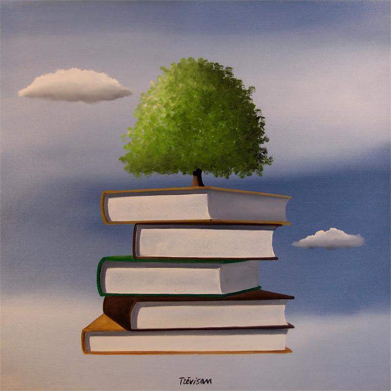 Peinture Tree on the books par Trevisan Carlo | Tableau Surréalisme Paysages Minimaliste Huile