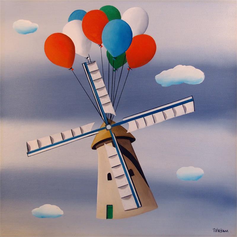 Painting Flying mill by Trevisan Carlo | Painting Surrealism Landscapes Oil