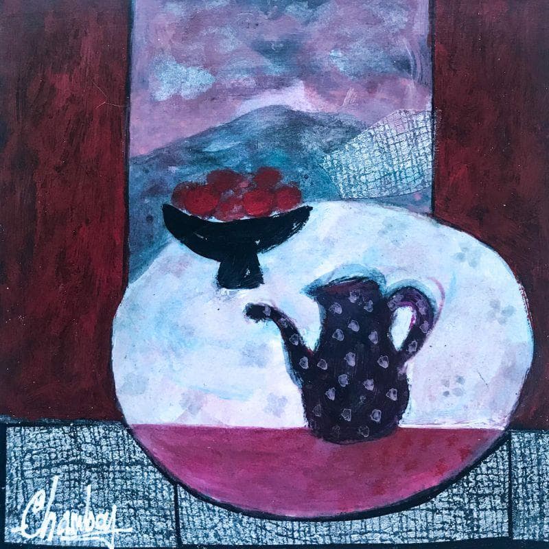 Gemälde Deux fruits rouges et cruche von Chambon | Gemälde Figurativ Stillleben Acryl