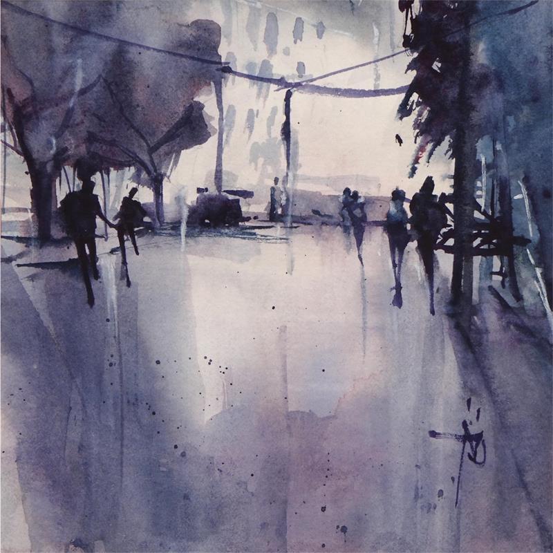 Painting Ville monochrome by Abbatucci Violaine | Painting Figurative Urban Life style Watercolor