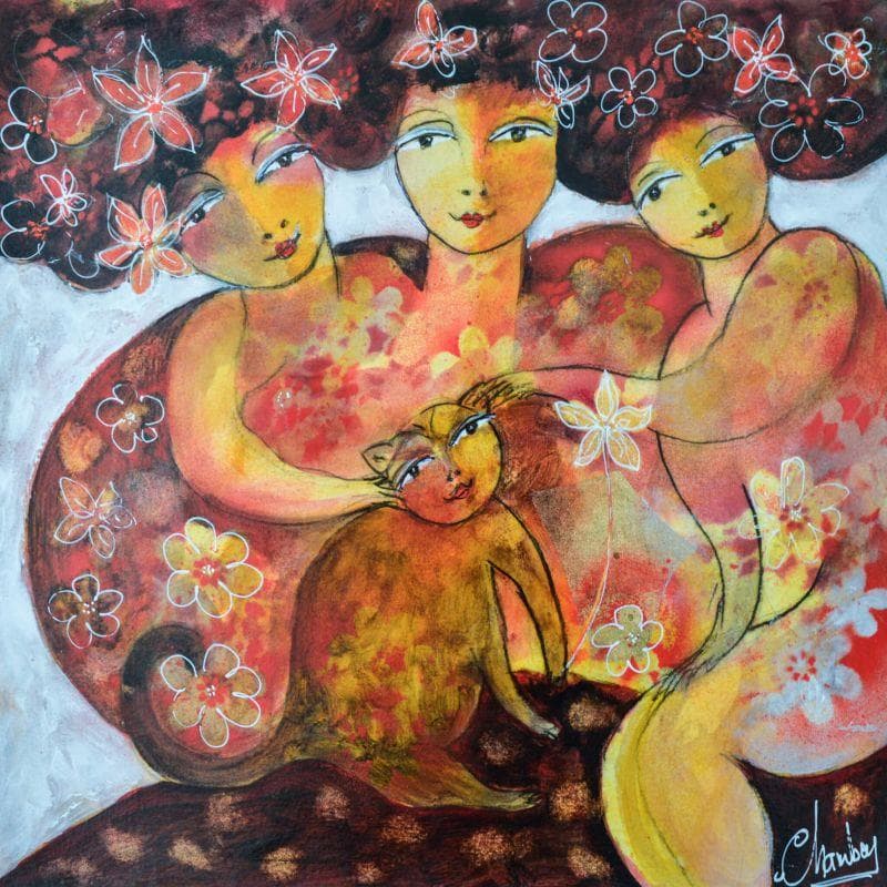 Painting Les trois filles by Chambon | Painting Figurative Mixed Portrait Life style Animals