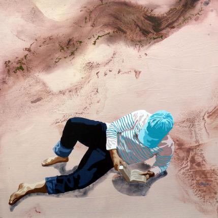 Peinture lecture sur lichen rouge par Sand | Tableau Figuratif Acrylique scènes de vie