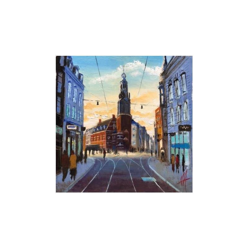 Painting Amsterdam, munttower by De Jong Marcel | Painting Figurative Oil Landscapes, Urban