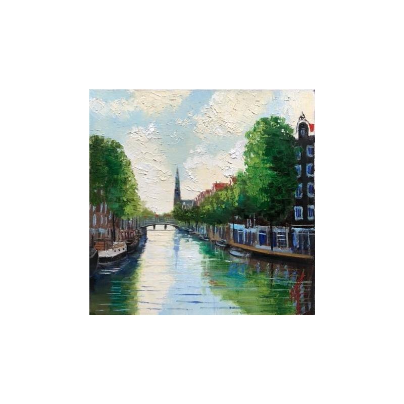 Painting Amsterdam, Emerald reflection by De Jong Marcel | Painting Figurative Oil Landscapes, Urban